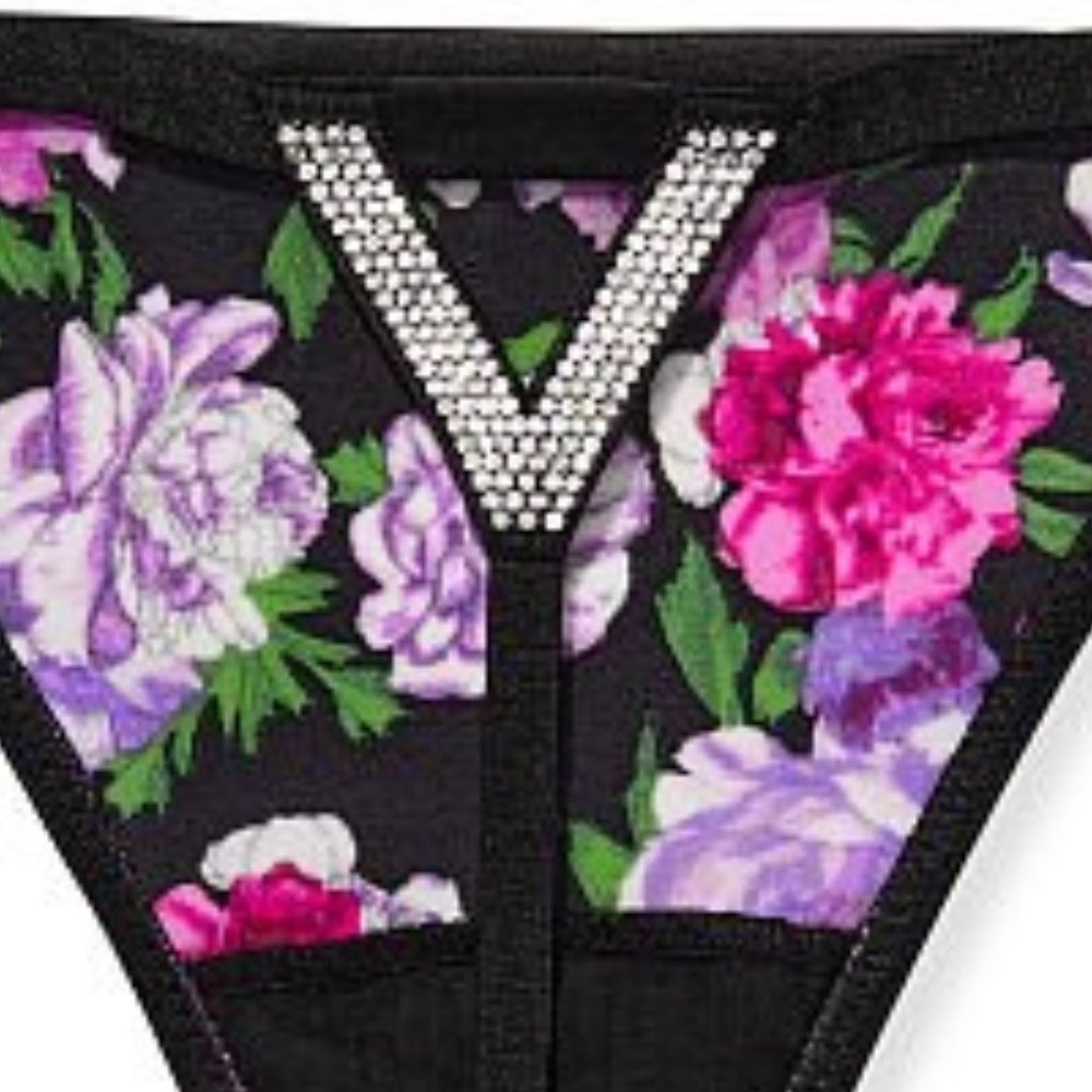 VS M Very Sexy Bombshell Shine V-String Panty Purple Black Floral Thong NWT